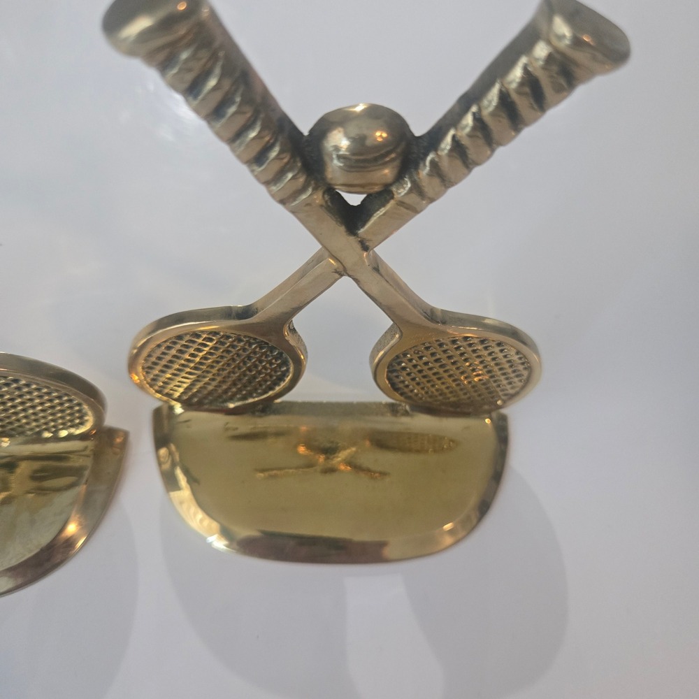 Vintage Brass Tennis Racket Bookends Pair 1970s Taiwan Sports Decor Gold Tone - Picture 4 of 11